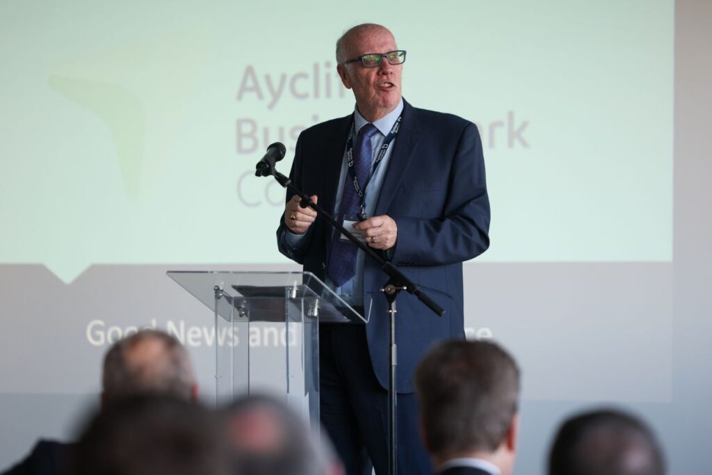 Geoff Hunton addresses the Aycliffe Business Park Community event.